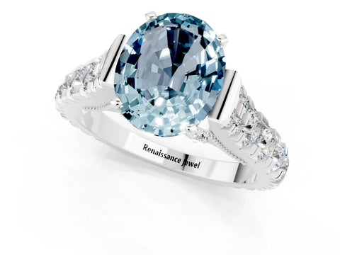 White gold Oval Cut Aquamarine Classic Solitaire Ring with Pavé Band and Four-Prong Setting_1