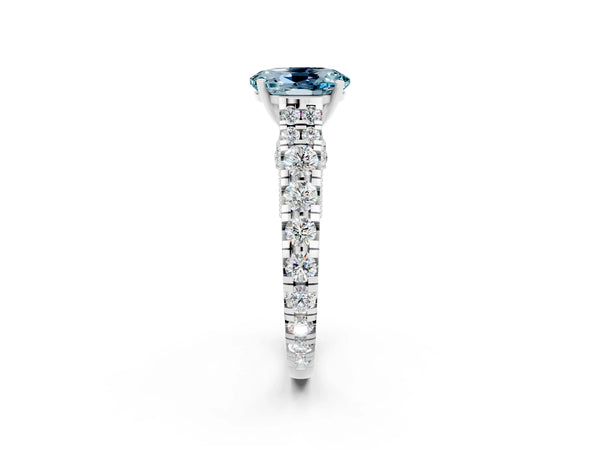 Platinum Oval Cut Aquamarine Classic Solitaire Ring with Pavé Band and Four-Prong Setting