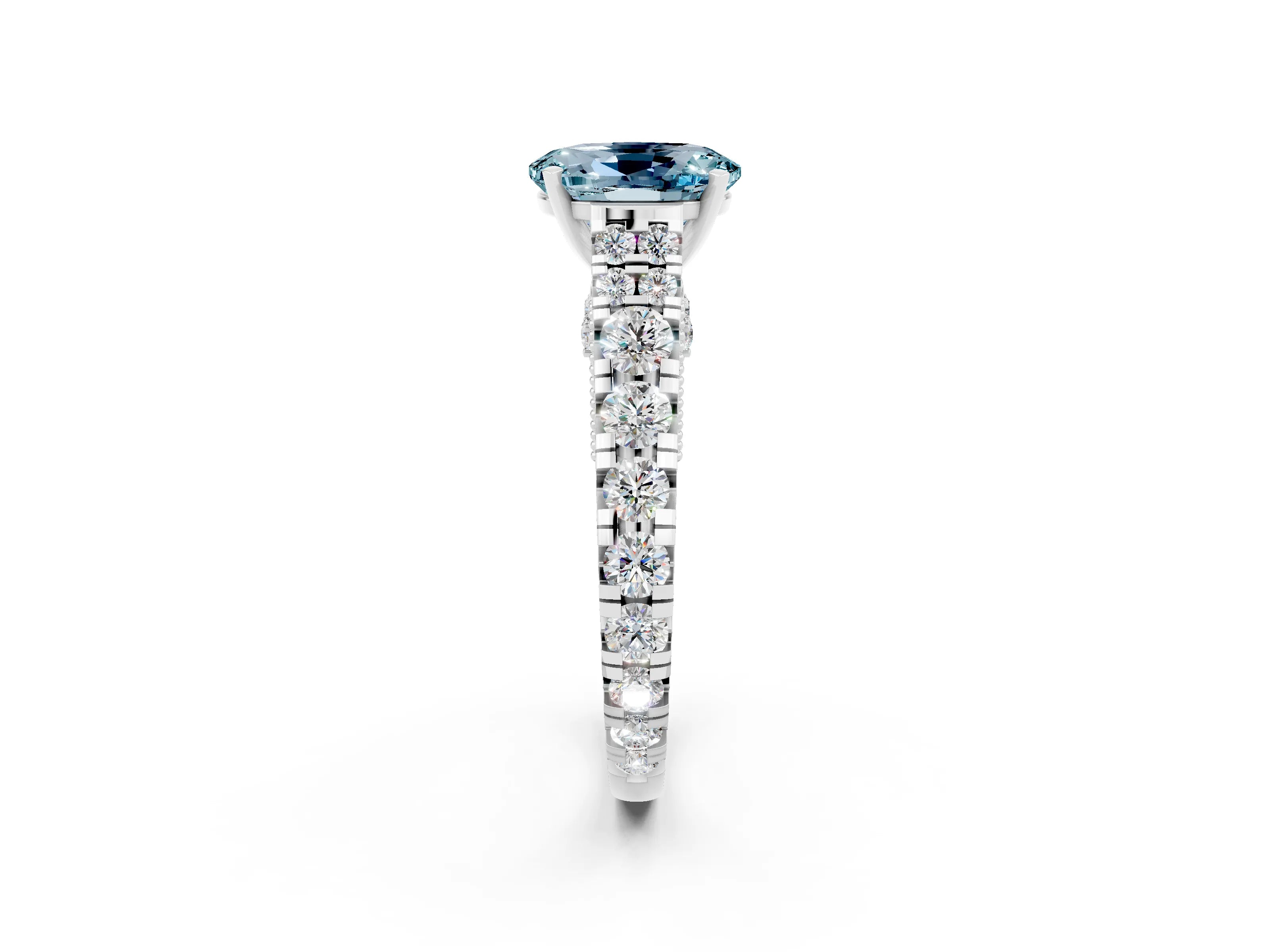 White gold Oval Cut Aquamarine Classic Solitaire Ring with Pavé Band and Four-Prong Setting_2