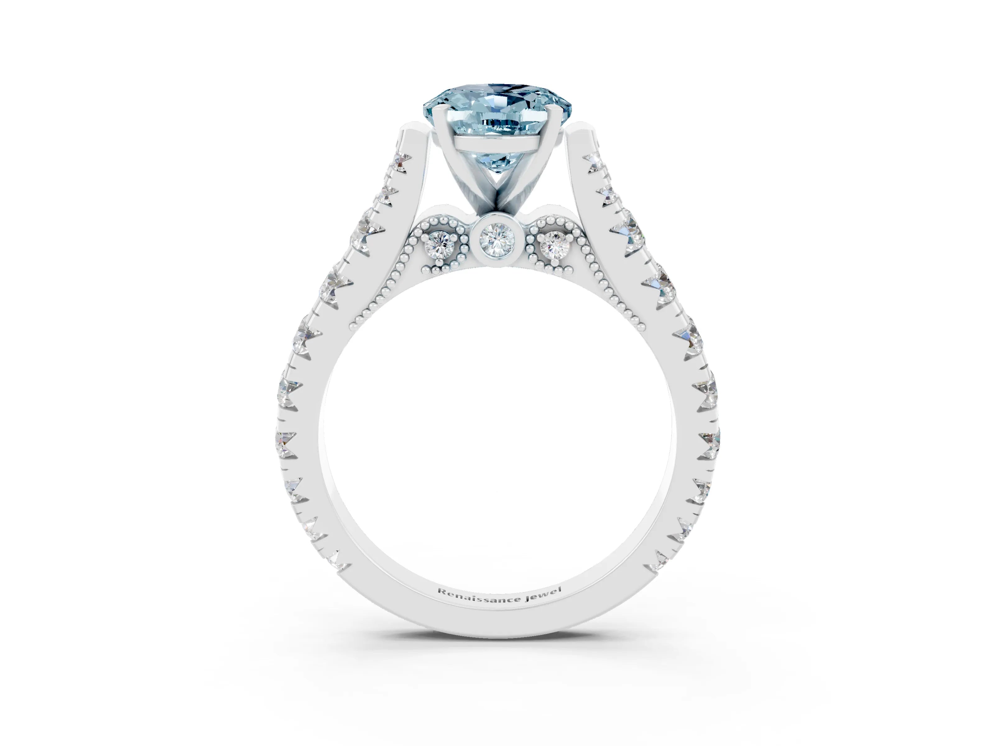 White gold Oval Cut Aquamarine Classic Solitaire Ring with Pavé Band and Four-Prong Setting_3
