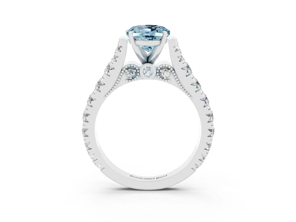 Platinum Oval Cut Aquamarine Classic Solitaire Ring with Pavé Band and Four-Prong Setting