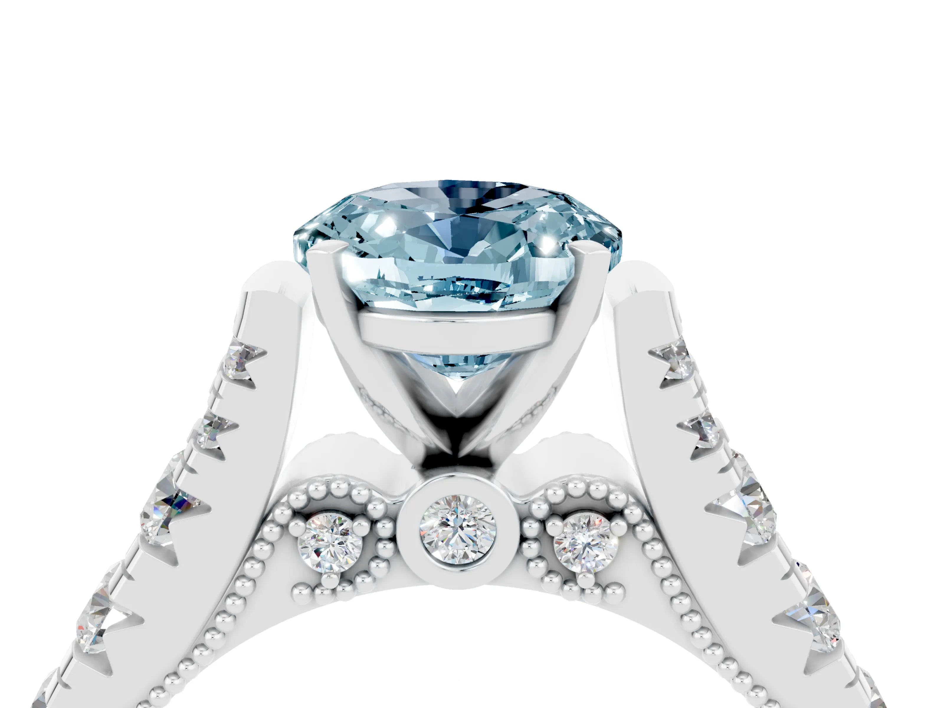 White gold Oval Cut Aquamarine Classic Solitaire Ring with Pavé Band and Four-Prong Setting_4