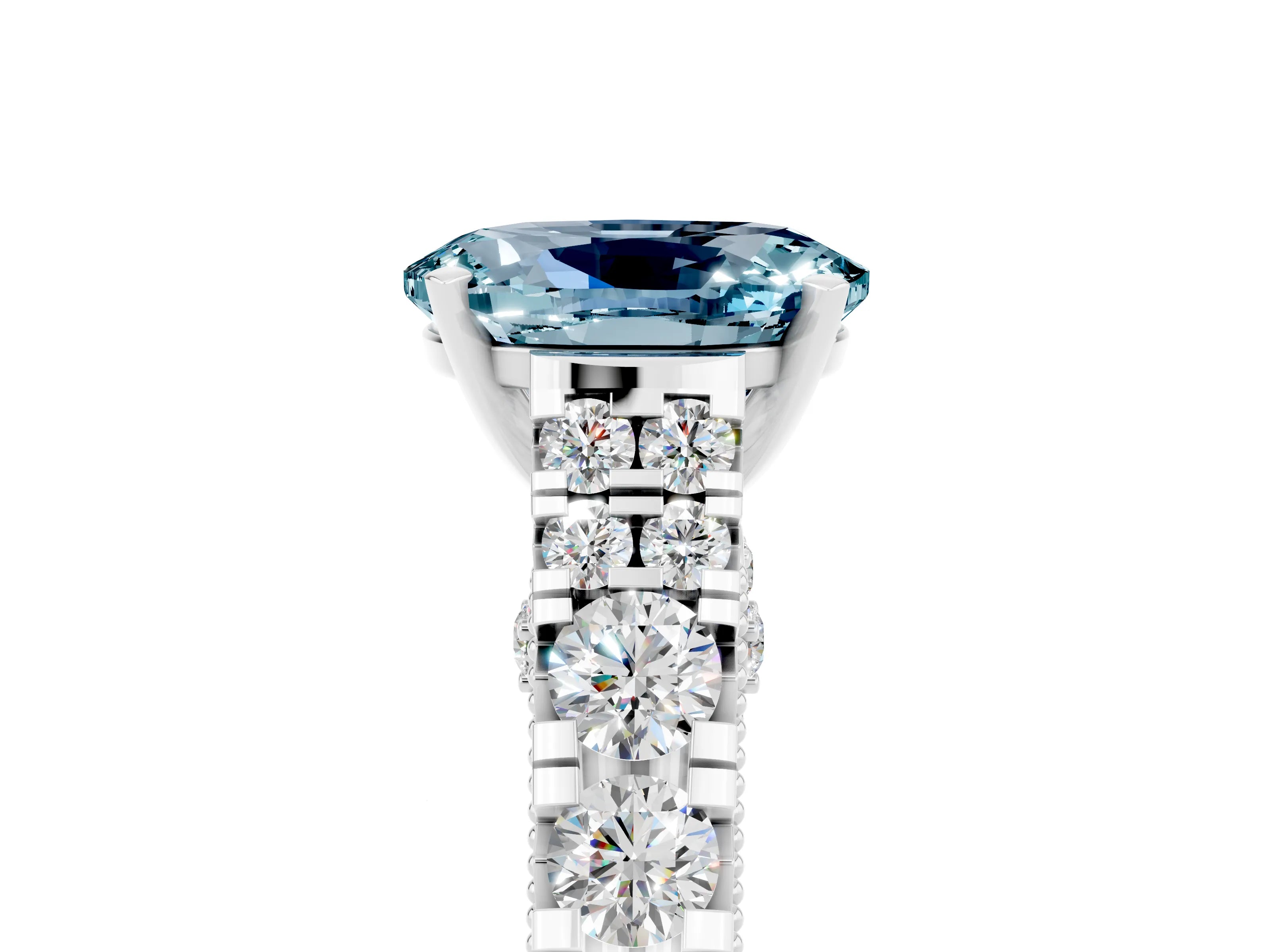 White gold Oval Cut Aquamarine Classic Solitaire Ring with Pavé Band and Four-Prong Setting_5