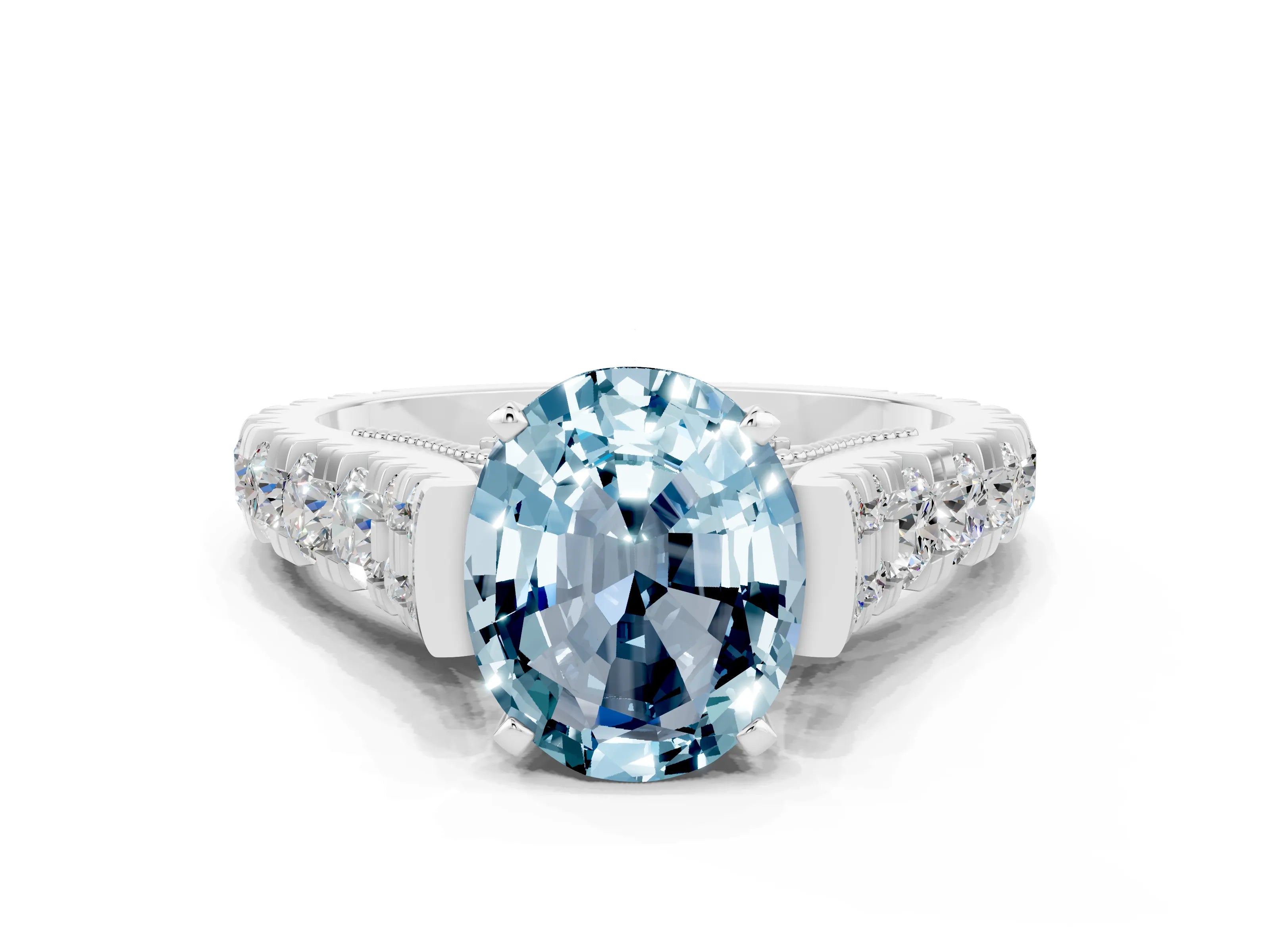 White gold Oval Cut Aquamarine Classic Solitaire Ring with Pavé Band and Four-Prong Setting