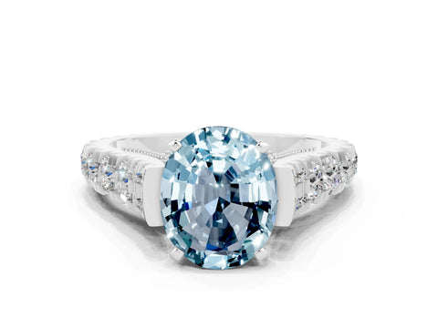 White gold Oval Cut Aquamarine Classic Solitaire Ring with Pavé Band and Four-Prong Setting