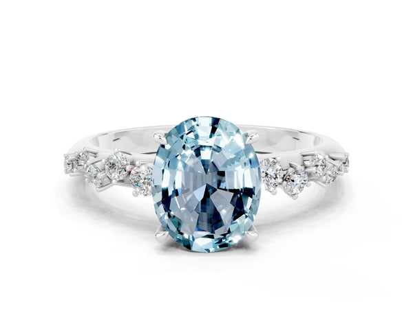 White gold Oval Cut Aquamarine Cluster Side Stone Solitaire Ring with Prong Setting