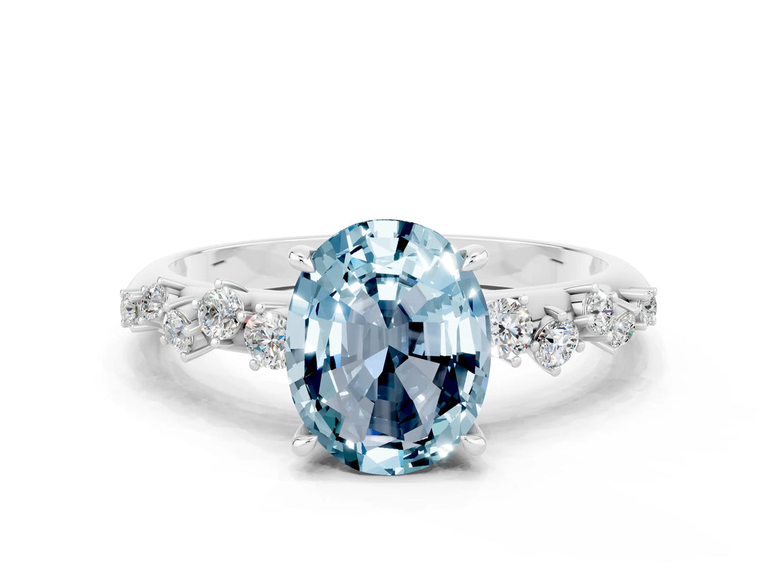 White gold Oval Cut Aquamarine Cluster Side Stone Solitaire Ring with Prong Setting_24