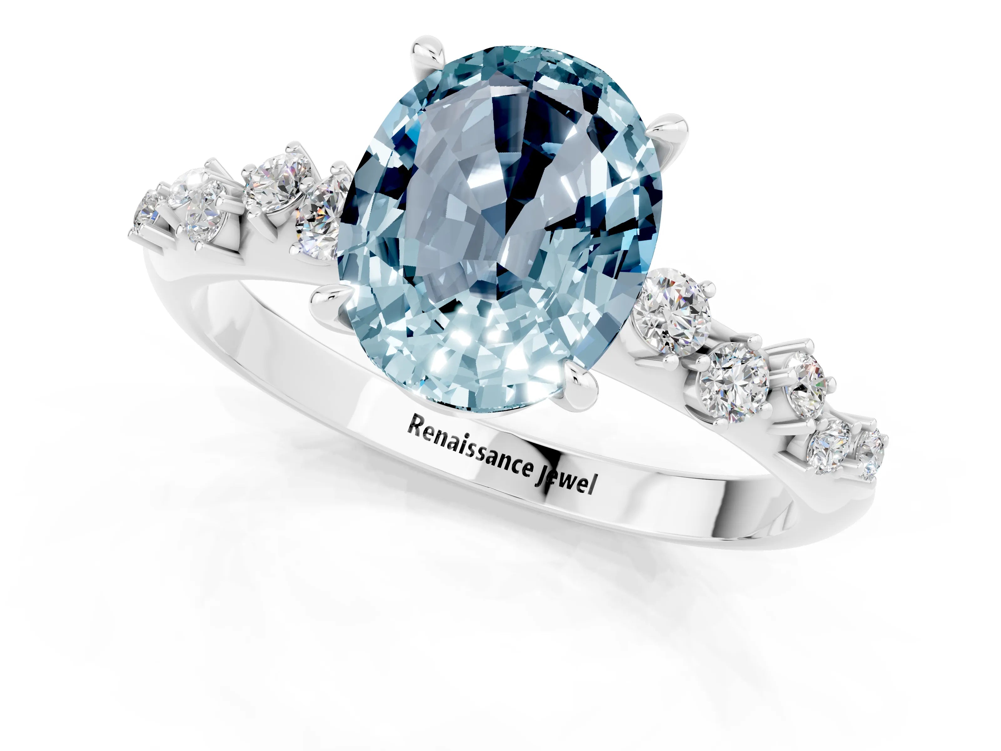 White gold Oval Cut Aquamarine Cluster Side Stone Solitaire Ring with Prong Setting_25