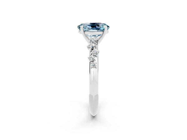 Platinum Oval Cut Aquamarine Cluster Side Stone Solitaire Ring with Prong Setting