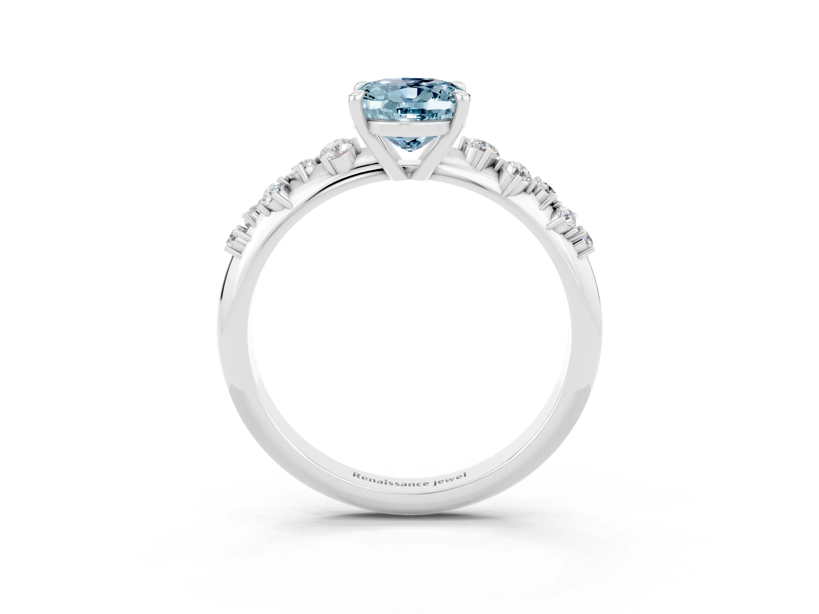 White gold Oval Cut Aquamarine Cluster Side Stone Solitaire Ring with Prong Setting_27