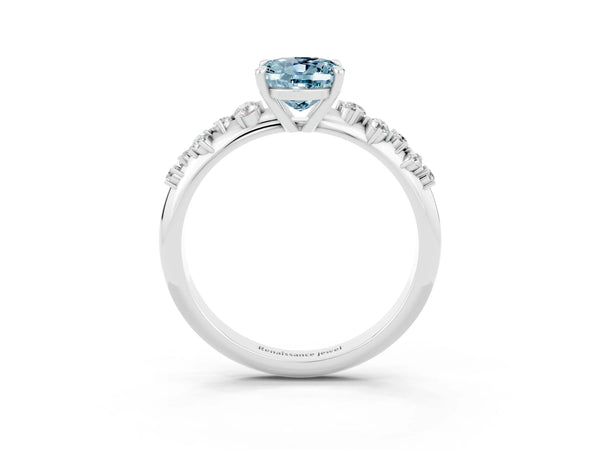 White gold Oval Cut Aquamarine Cluster Side Stone Solitaire Ring with Prong Setting