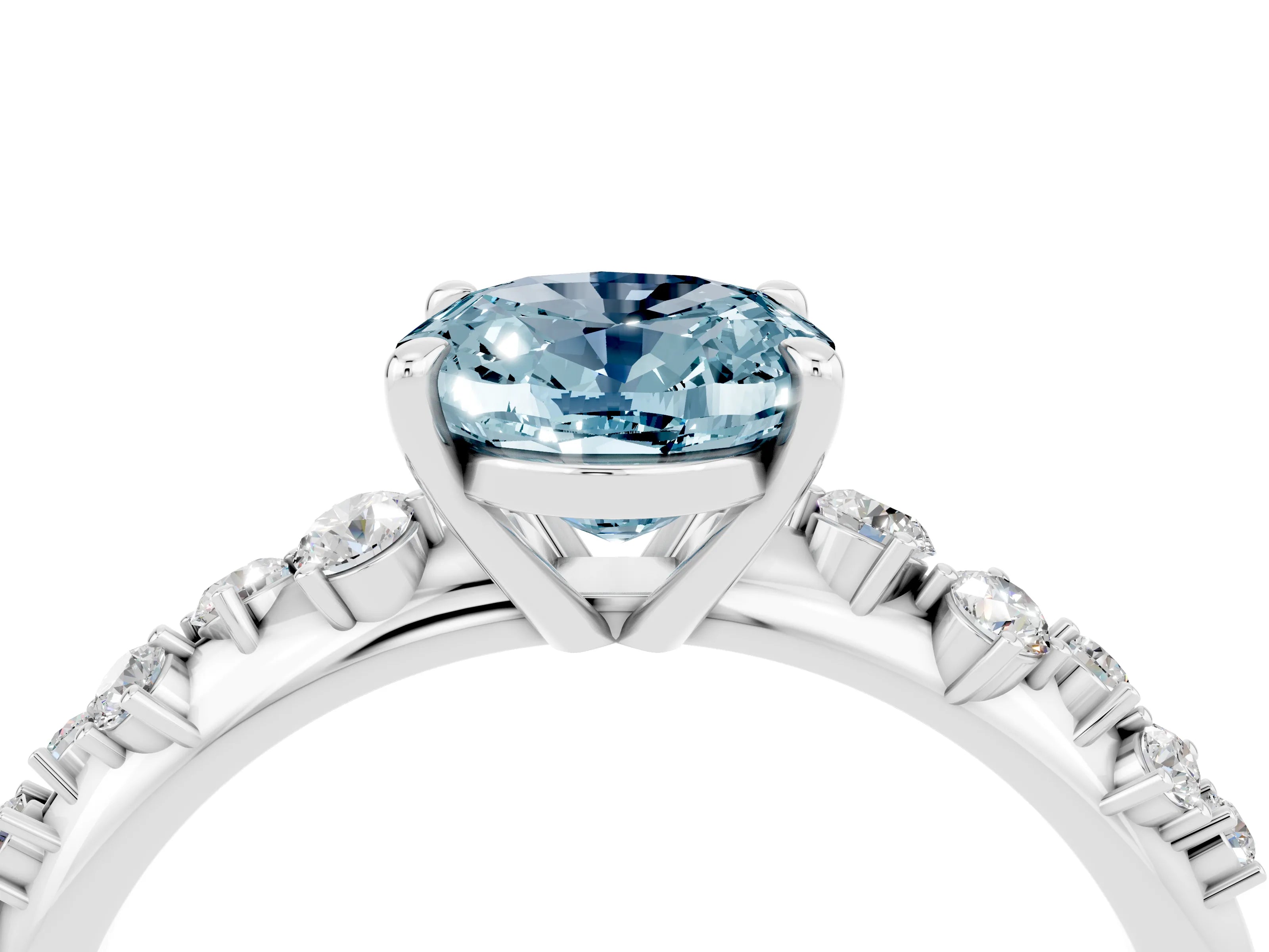 White gold Oval Cut Aquamarine Cluster Side Stone Solitaire Ring with Prong Setting_28