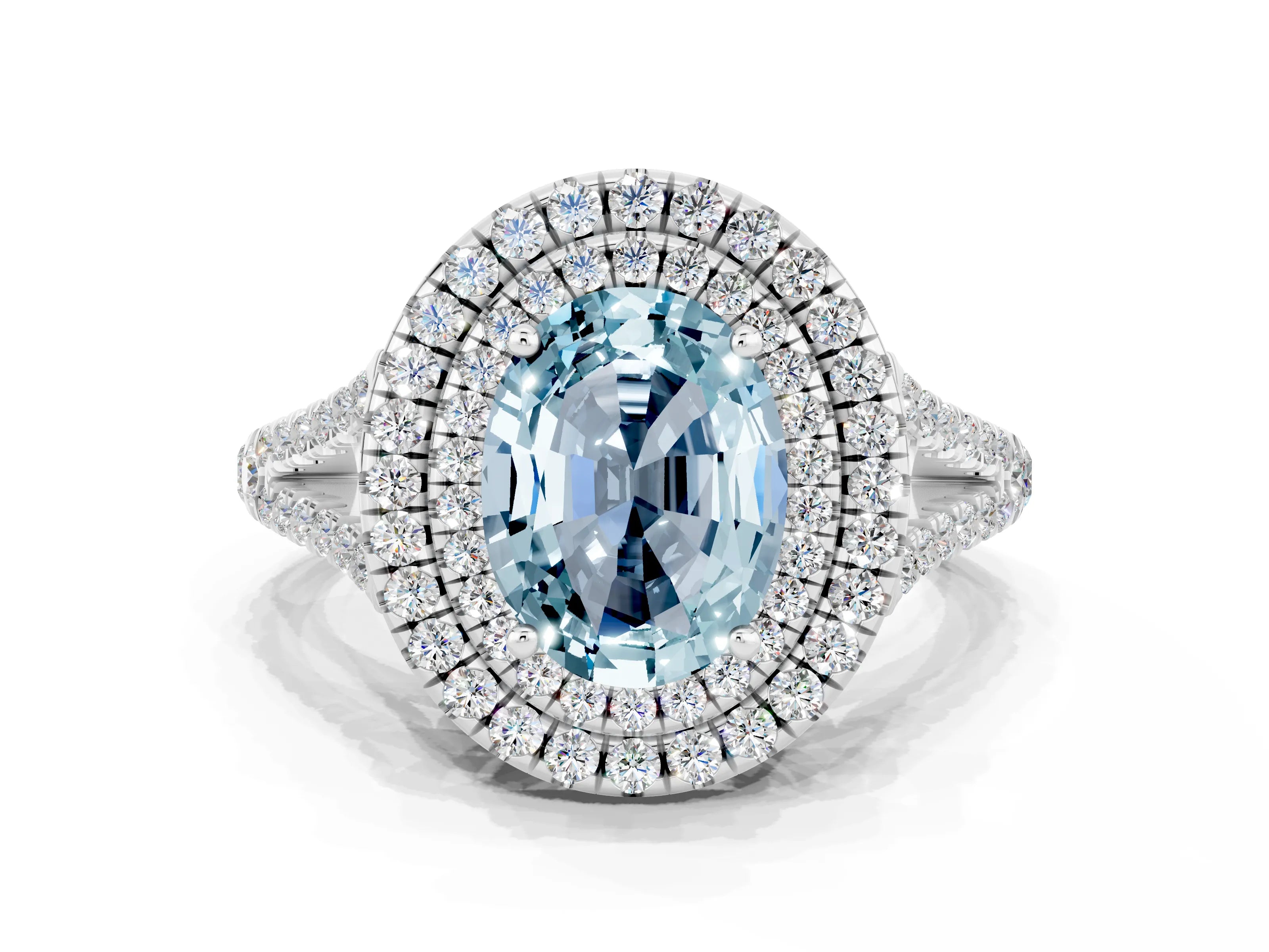 White gold Oval Cut Aquamarine Double Halo Ring with Pavé Band and Prong Setting_12