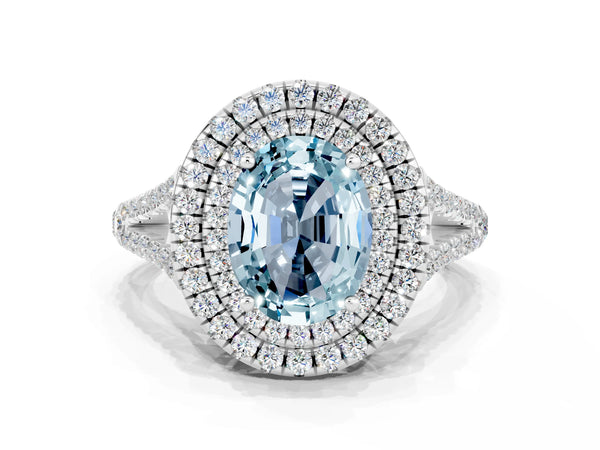 Silver Oval Cut Aquamarine Double Halo Ring with Pavé Band and Prong Setting