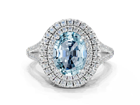 White gold Oval Cut Aquamarine Double Halo Ring with Pavé Band and Prong Setting_12