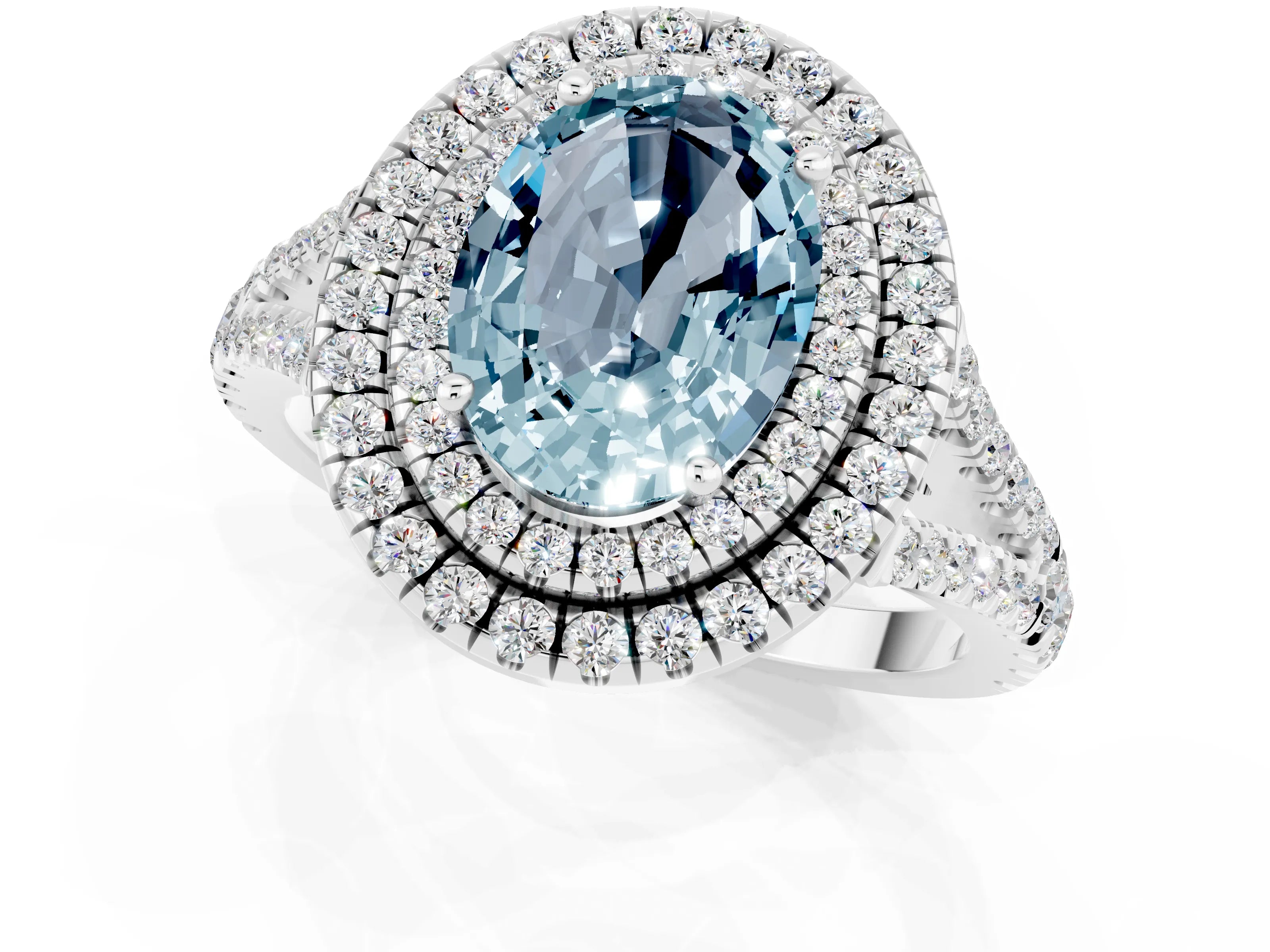 White gold Oval Cut Aquamarine Double Halo Ring with Pavé Band and Prong Setting_13