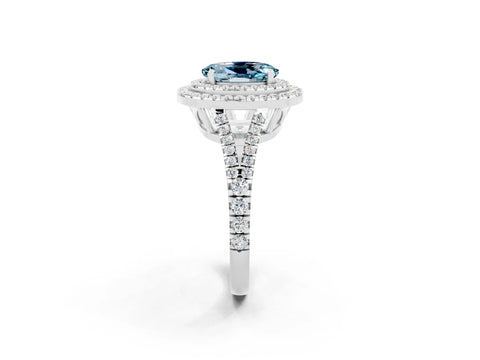 White gold Oval Cut Aquamarine Double Halo Ring with Pavé Band and Prong Setting_14