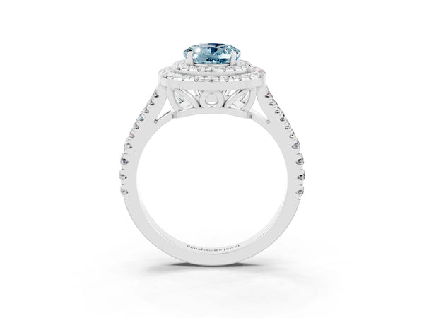 Silver Oval Cut Aquamarine Double Halo Ring with Pavé Band and Prong Setting