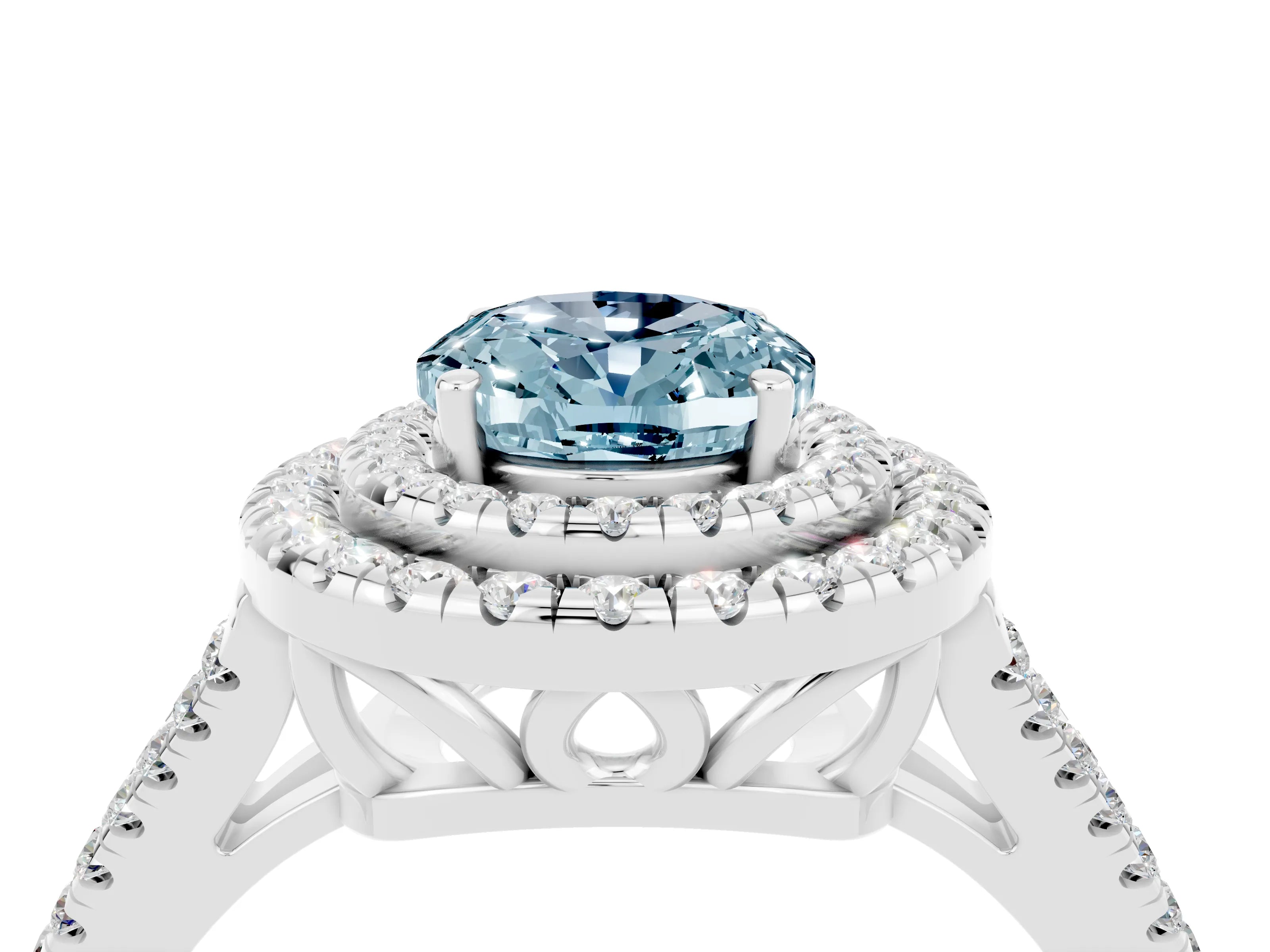 White gold Oval Cut Aquamarine Double Halo Ring with Pavé Band and Prong Setting_16