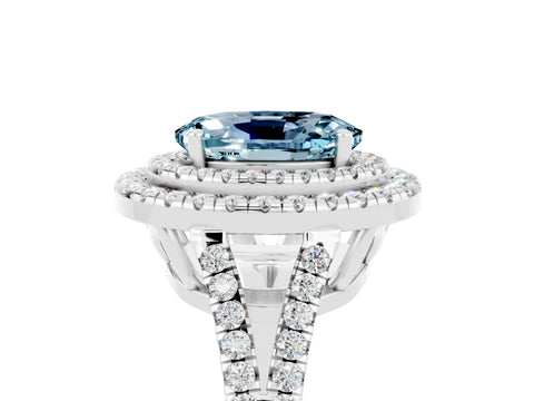 White gold Oval Cut Aquamarine Double Halo Ring with Pavé Band and Prong Setting_17