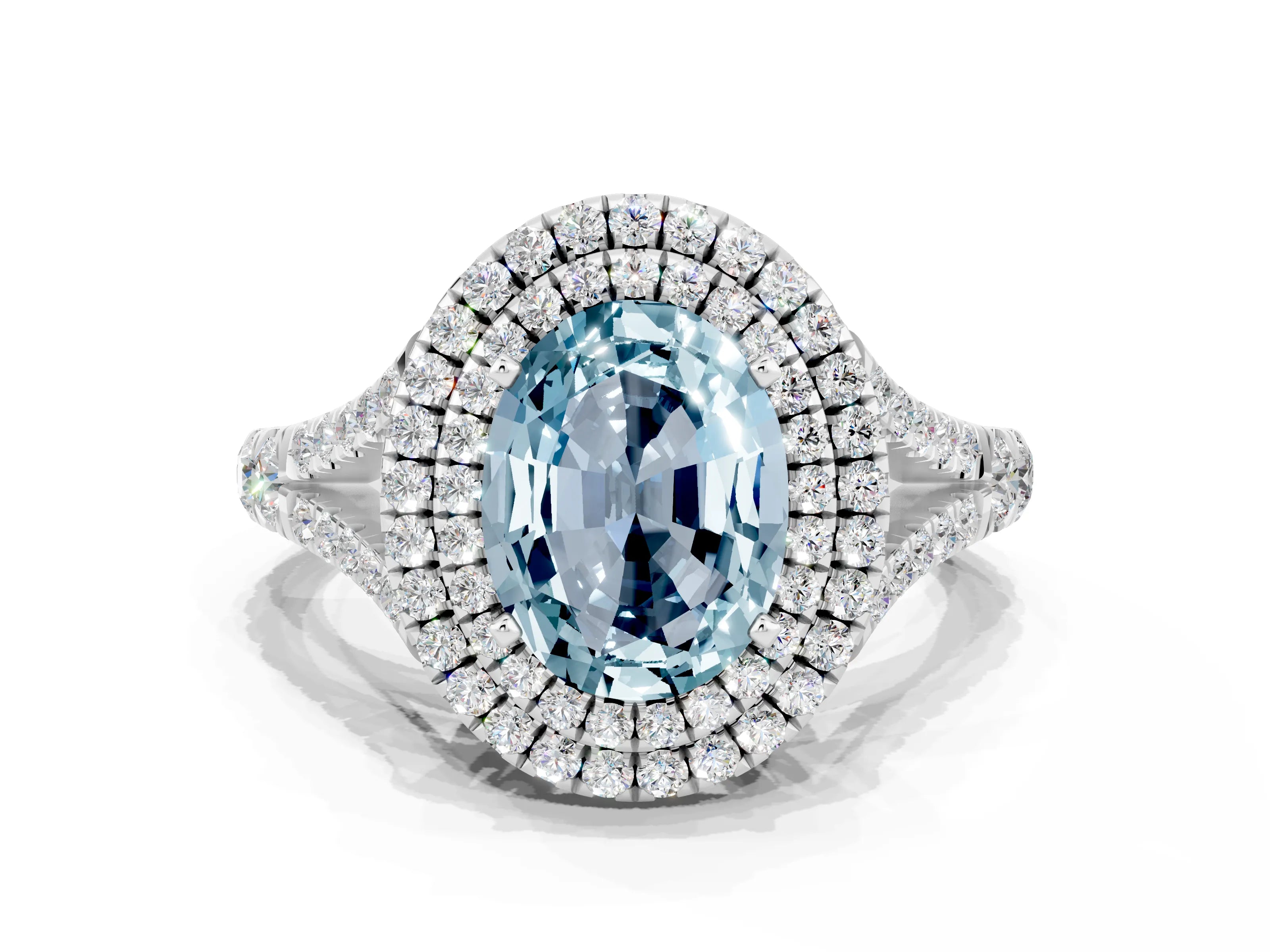 White gold Oval Cut Aquamarine Double Halo Ring with Split Shank and Prong Setting_12