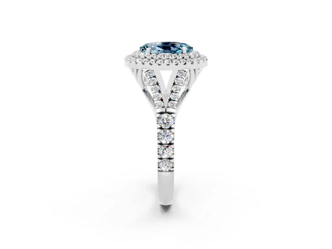 White gold Oval Cut Aquamarine Double Halo Ring with Split Shank and Prong Setting_14