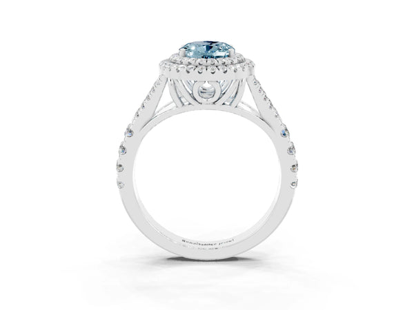 Platinum Oval Cut Aquamarine Double Halo Ring with Split Shank and Prong Setting