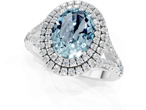 White gold Oval Cut Aquamarine Double Halo Ring with Split Shank and Prong Setting_25