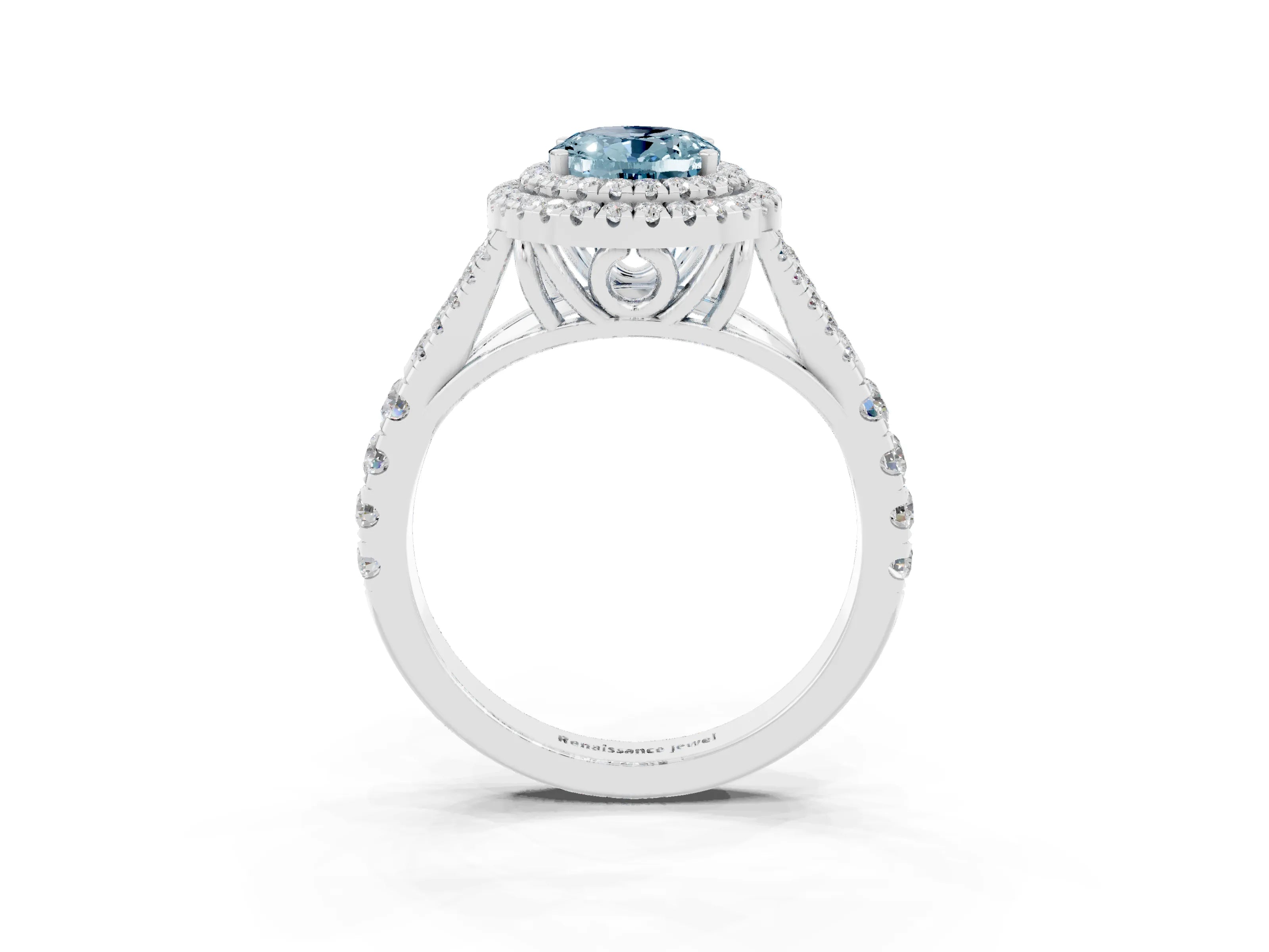 White gold Oval Cut Aquamarine Double Halo Ring with Split Shank and Prong Setting_27