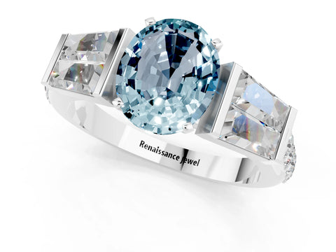 White gold Oval Cut Aquamarine Engagement Ring with Baguette Side Stones and Channel Set Band_1