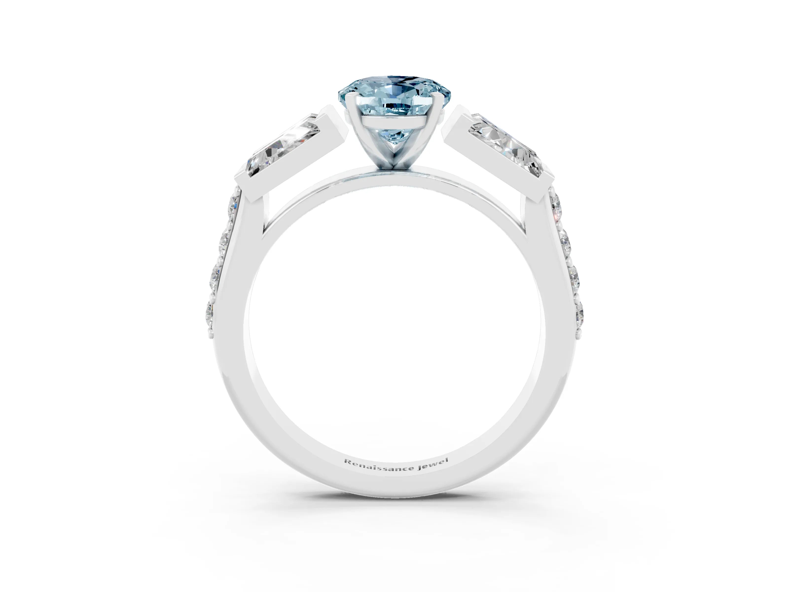 White gold Oval Cut Aquamarine Engagement Ring with Baguette Side Stones and Channel Set Band_3