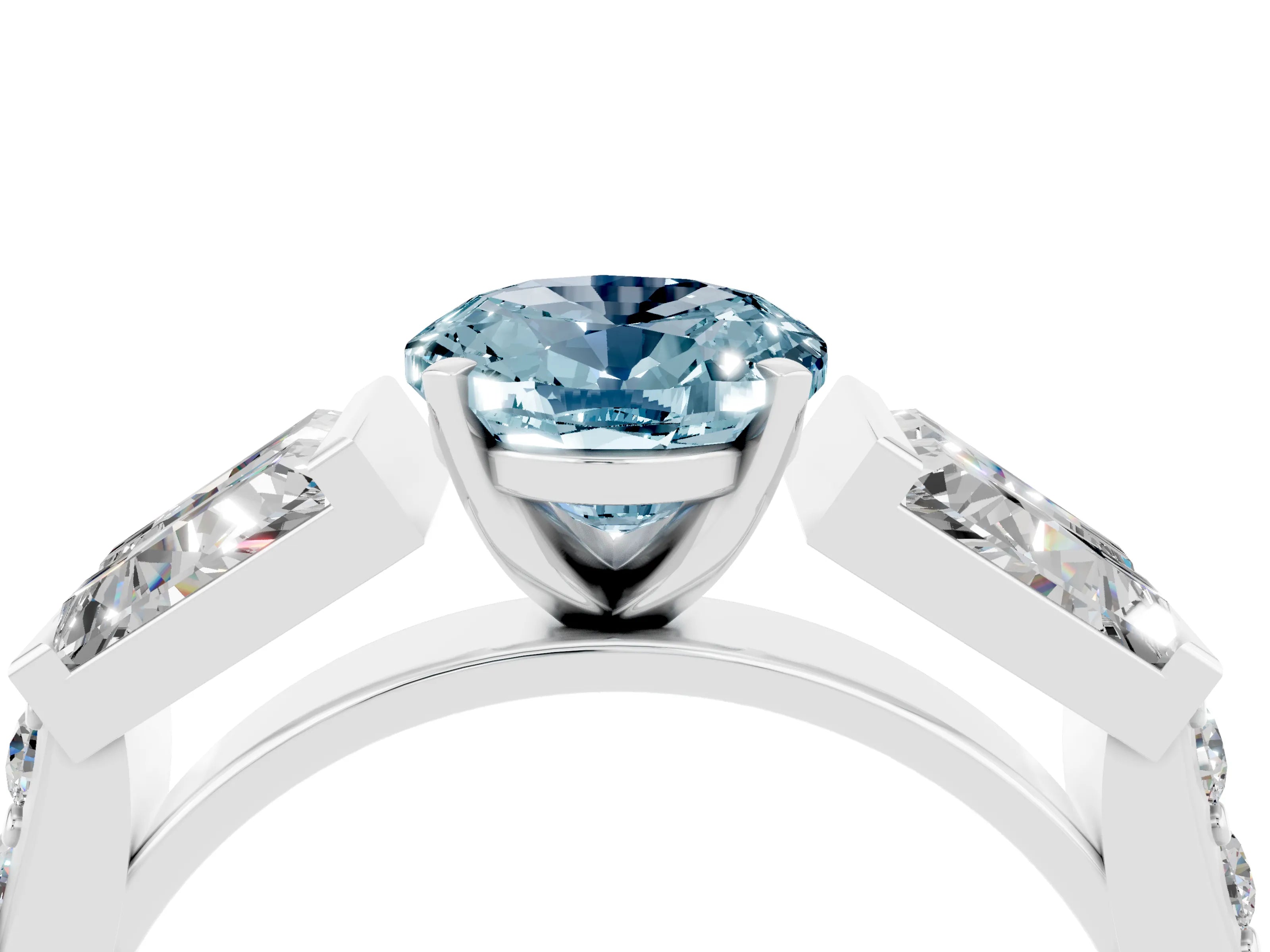 White gold Oval Cut Aquamarine Engagement Ring with Baguette Side Stones and Channel Set Band_4