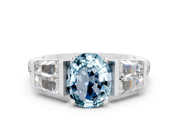 Silver Oval Cut Aquamarine Engagement Ring with Baguette Side Stones and Channel Set Band