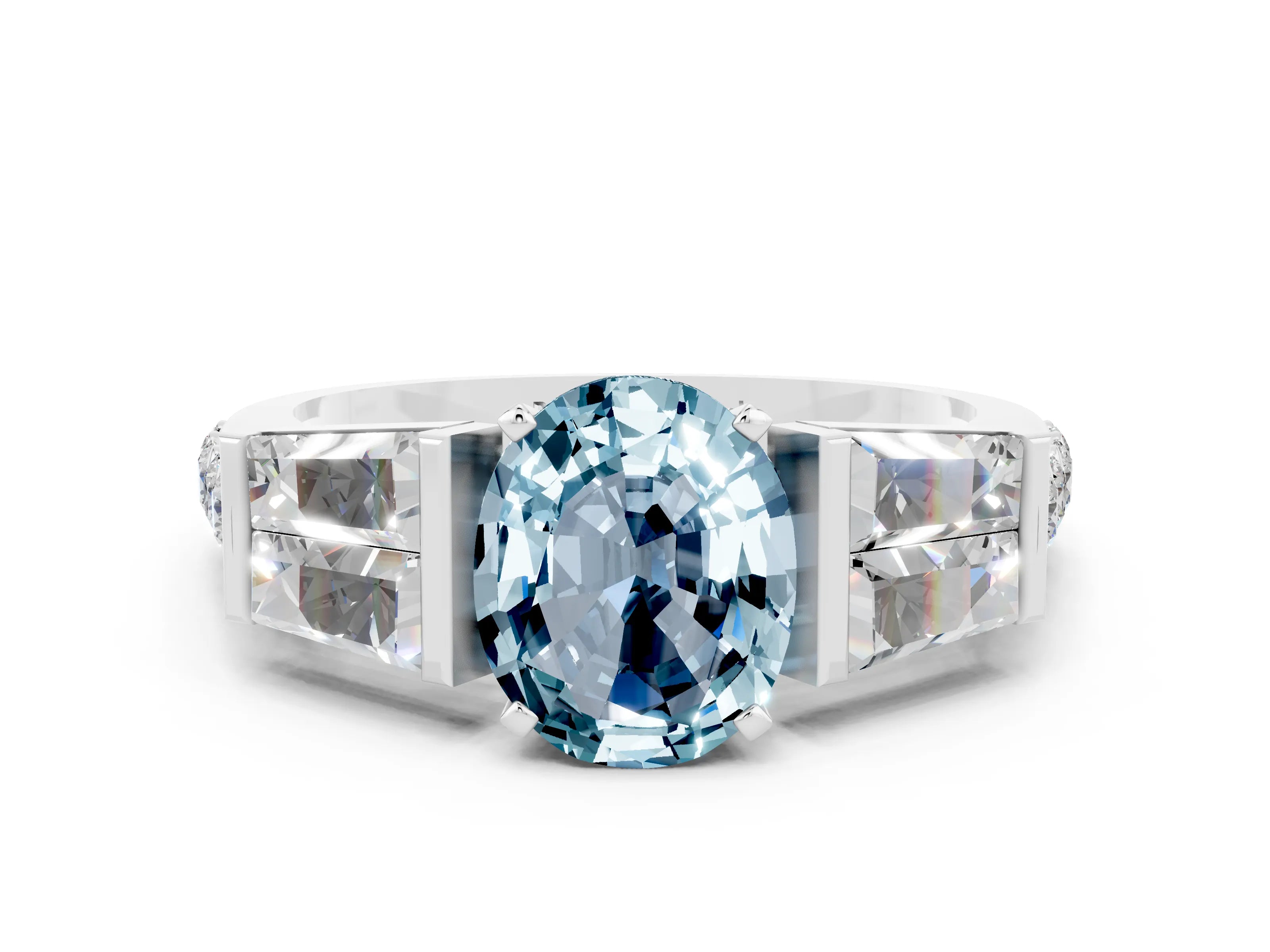 White gold Oval Cut Aquamarine Engagement Ring with Baguette Side Stones and Channel Set Band
