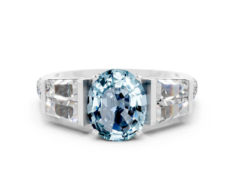White gold Oval Cut Aquamarine Engagement Ring with Baguette Side Stones and Channel Set Band