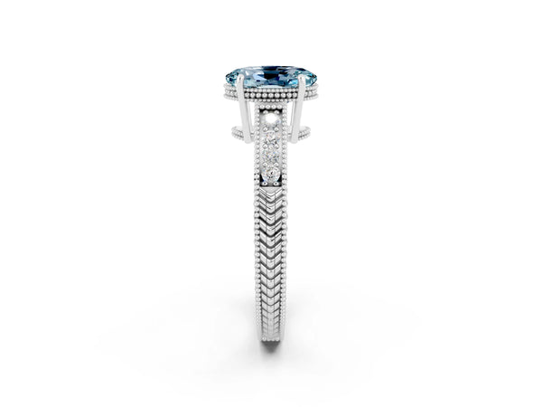 Platinum Oval Cut Aquamarine Engagement Ring with Milgrain Channel Set Band and Prong Setting