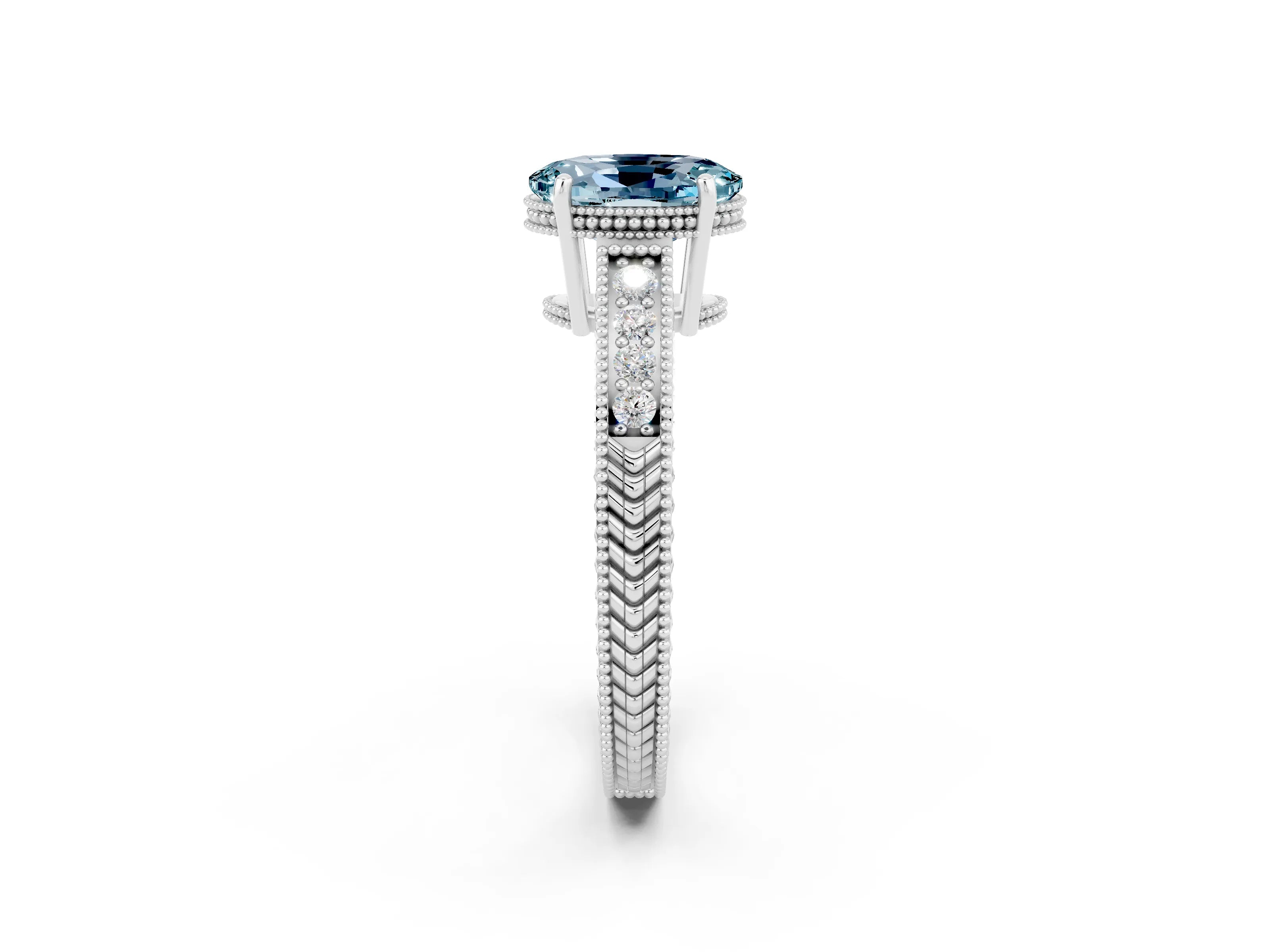 White gold Oval Cut Aquamarine Engagement Ring with Milgrain Channel Set Band and Prong Setting_2