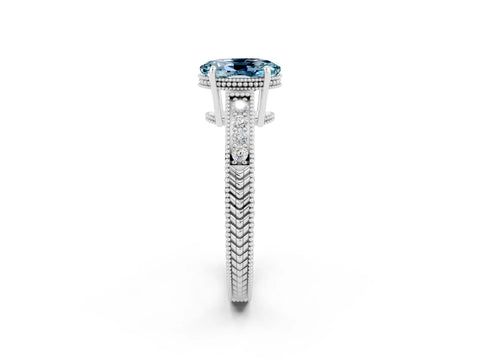 White gold Oval Cut Aquamarine Engagement Ring with Milgrain Channel Set Band and Prong Setting_2