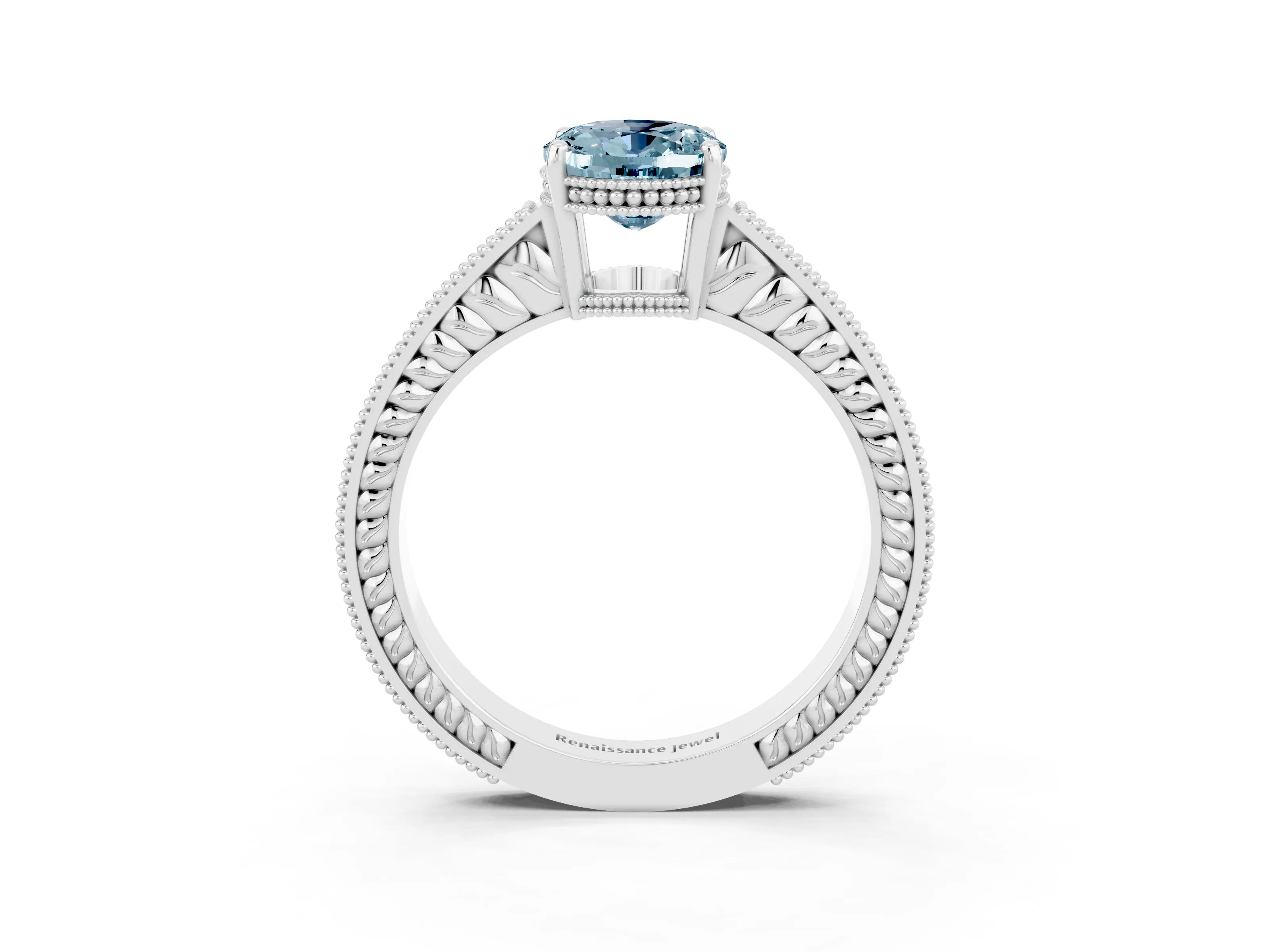 White gold Oval Cut Aquamarine Engagement Ring with Milgrain Channel Set Band and Prong Setting_3