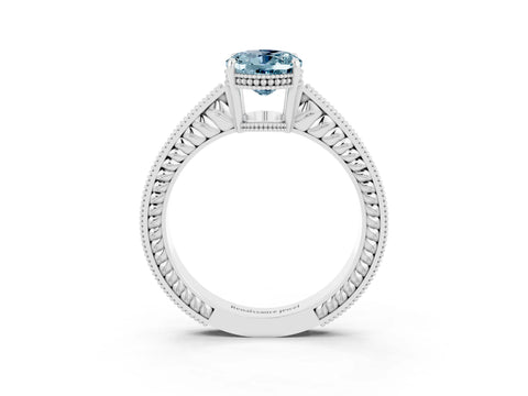 White gold Oval Cut Aquamarine Engagement Ring with Milgrain Channel Set Band and Prong Setting_3