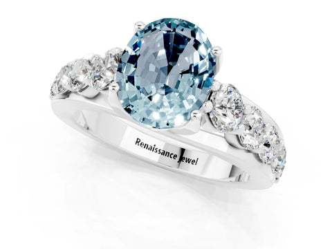 White gold Oval Cut Aquamarine Engagement Ring with Pavé Band and Four-Prong Setting_1