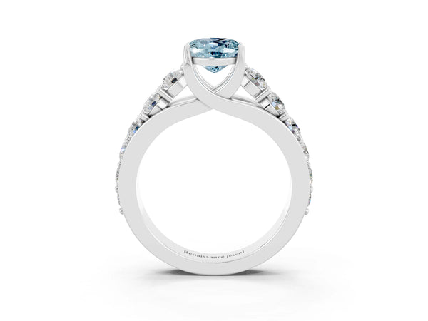 Silver Oval Cut Aquamarine Engagement Ring with Pavé Band and Four-Prong Setting