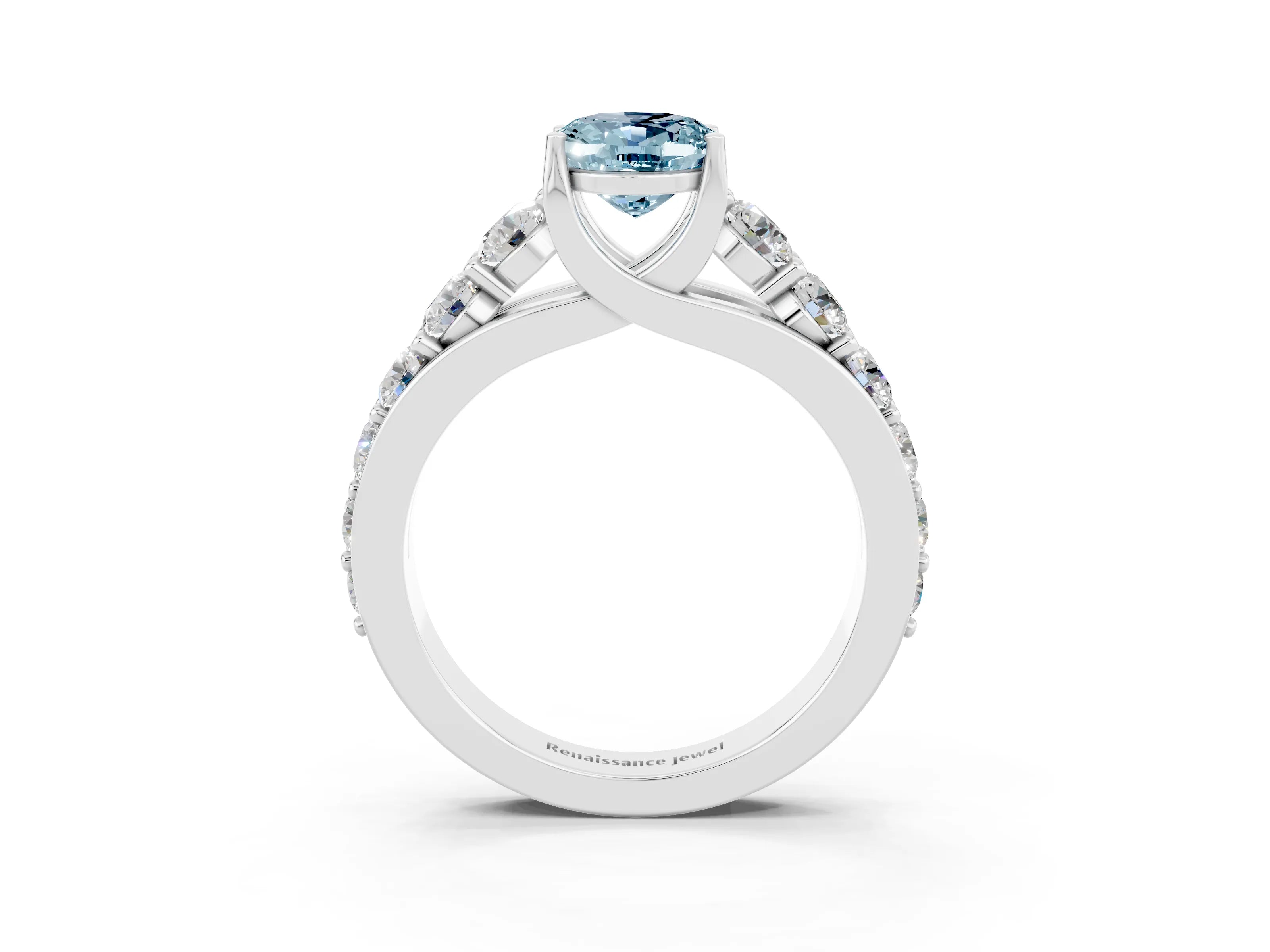 White gold Oval Cut Aquamarine Engagement Ring with Pavé Band and Four-Prong Setting_3
