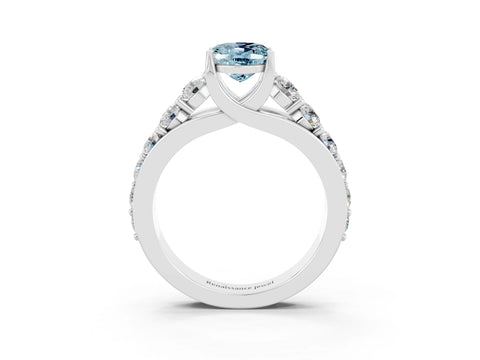 White gold Oval Cut Aquamarine Engagement Ring with Pavé Band and Four-Prong Setting_3