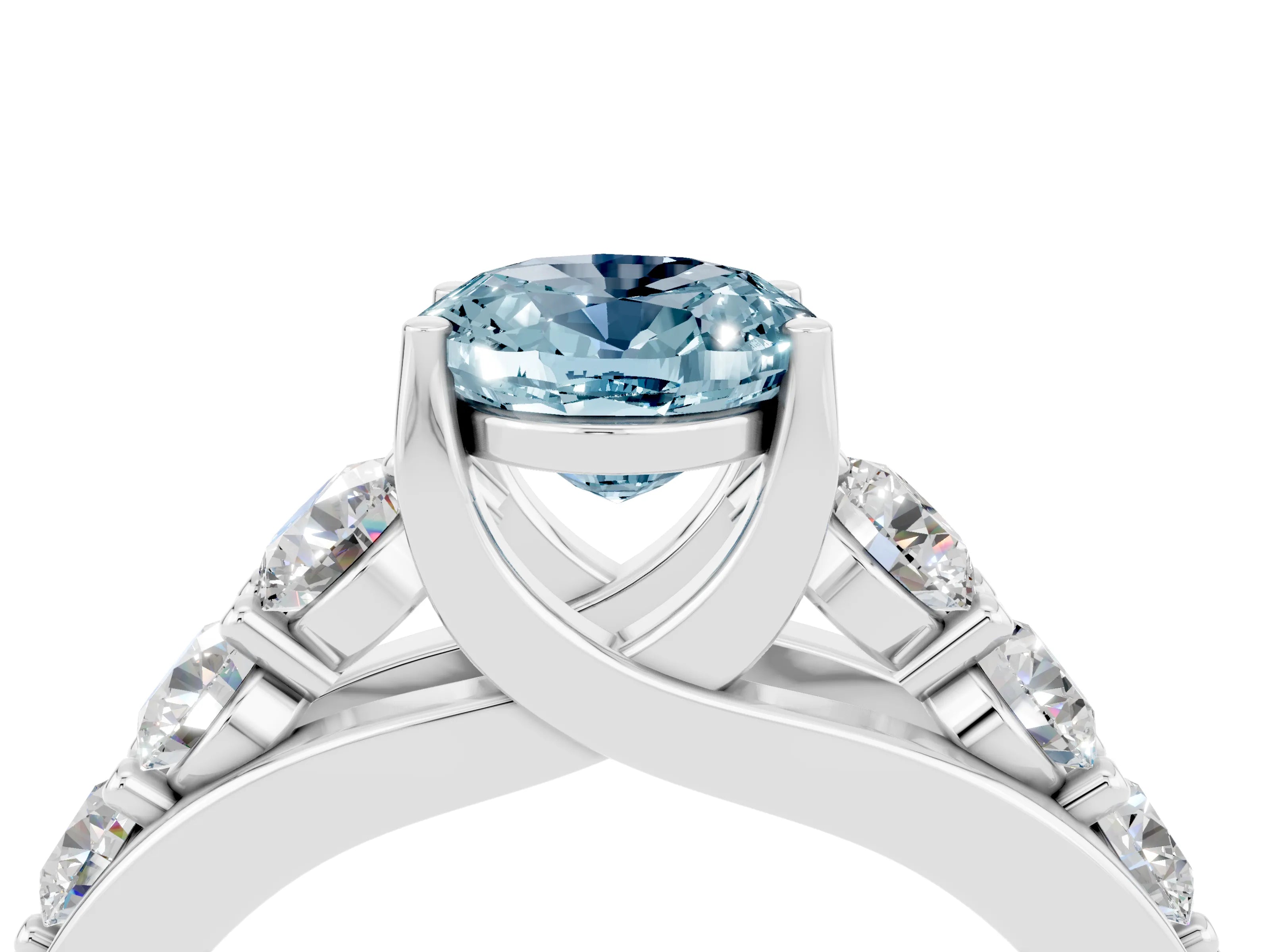 White gold Oval Cut Aquamarine Engagement Ring with Pavé Band and Four-Prong Setting_4