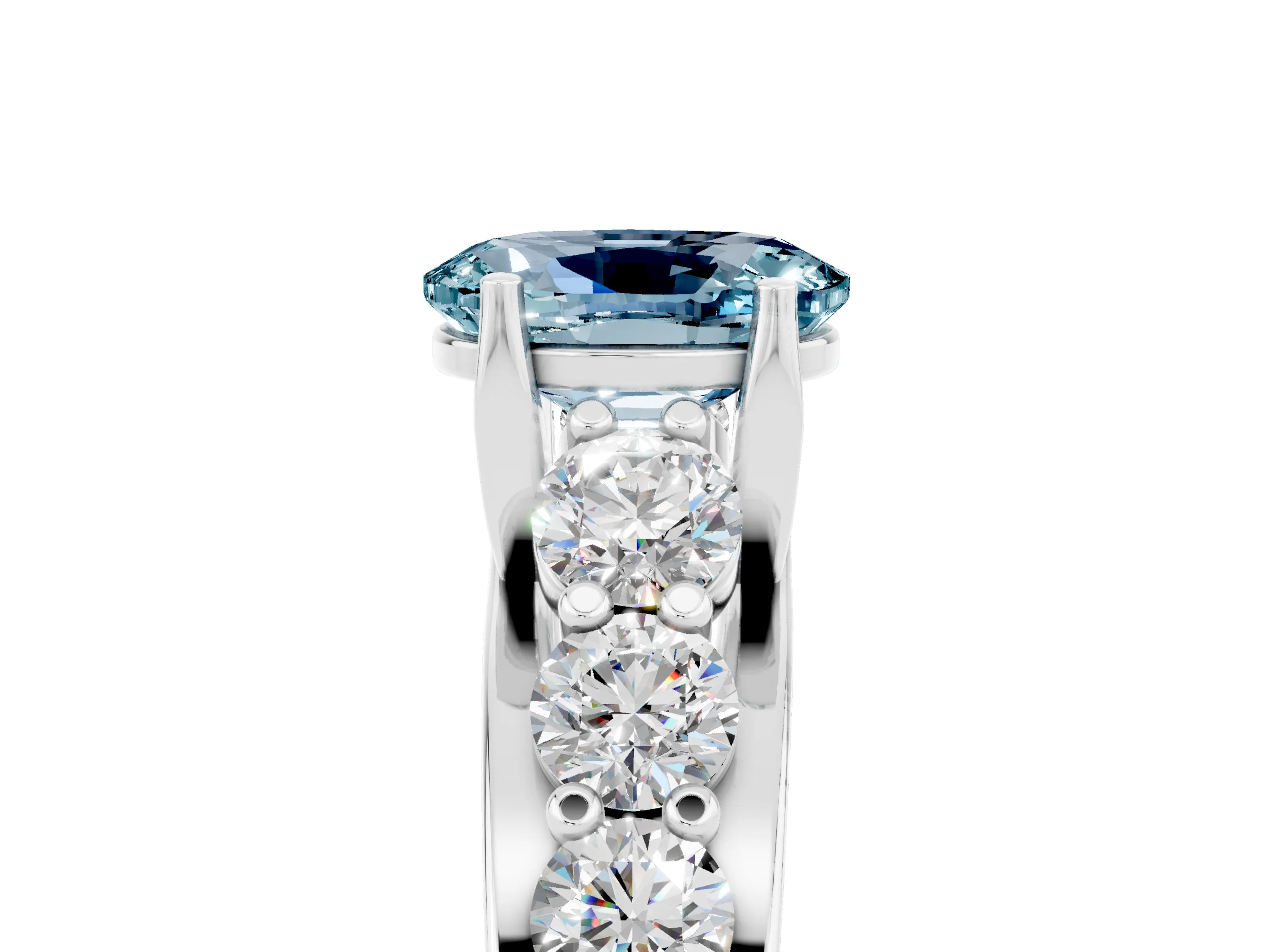 White gold Oval Cut Aquamarine Engagement Ring with Pavé Band and Four-Prong Setting_5