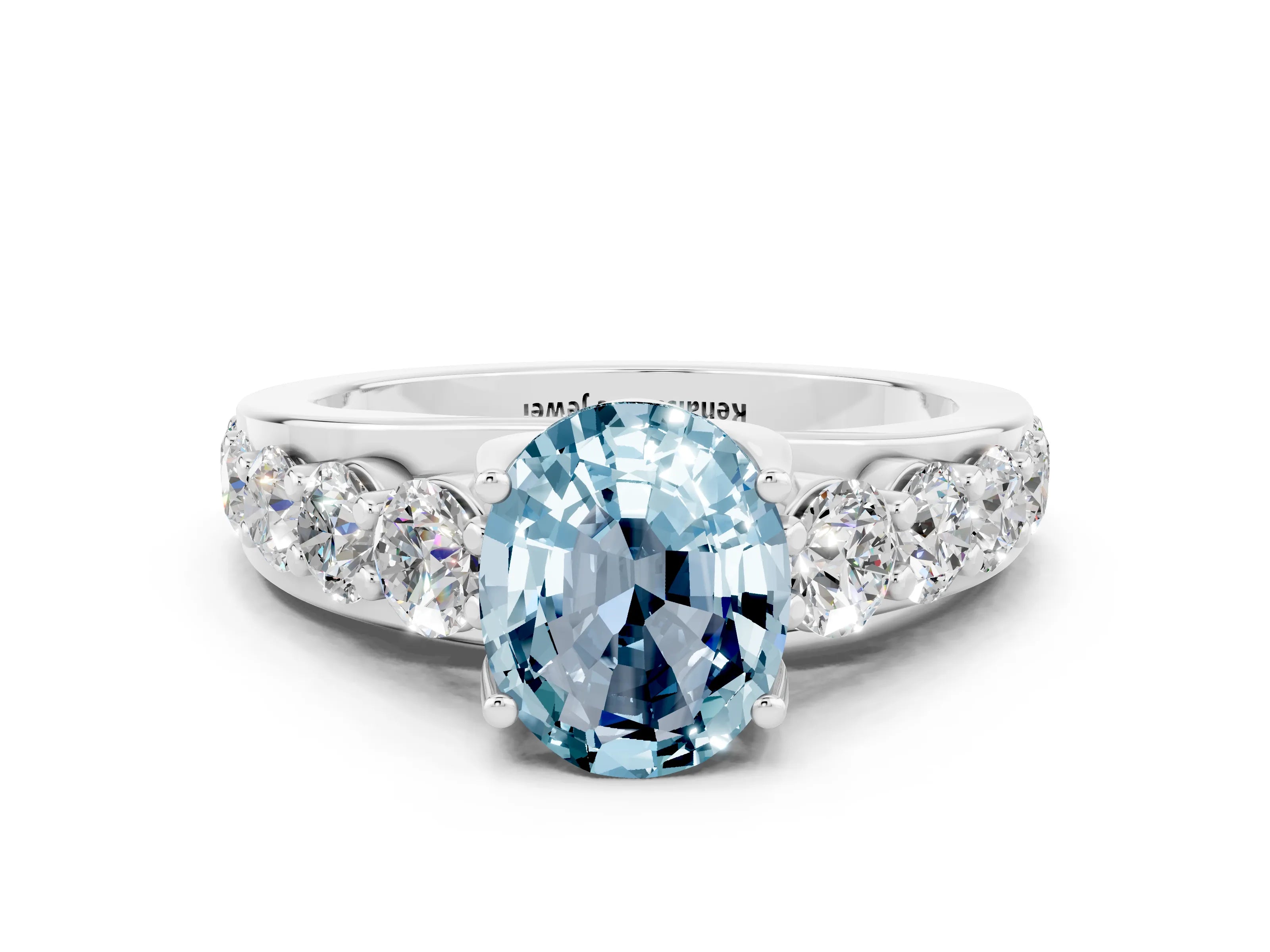 White gold Oval Cut Aquamarine Engagement Ring with Pavé Band and Four-Prong Setting