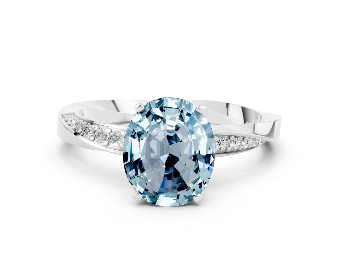 White gold Oval Cut Aquamarine Engagement Ring with Side Stone Accents and Four-Prong Setting_96