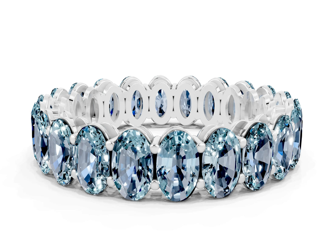 White gold Oval Cut Aquamarine Eternity Band with Shared Prong Setting