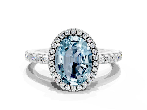White gold Oval Cut Aquamarine Halo Engagement Ring with Pavé Band and Prong Setting_12